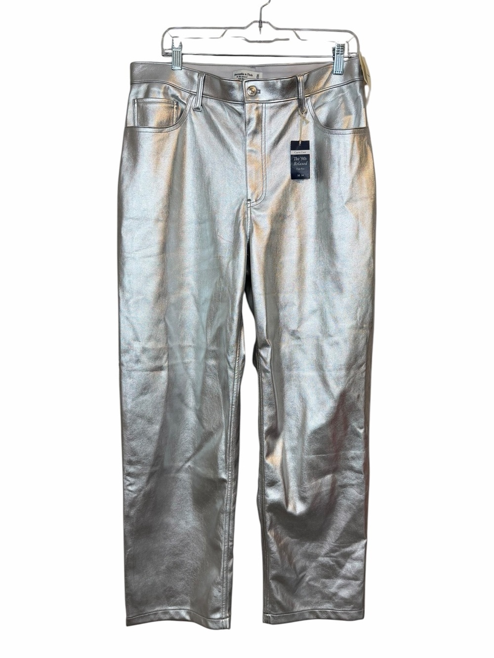 NWT Abercrombie Curve Love 90s Relaxed Jeans High Rise Silver Faux Leather sz 32